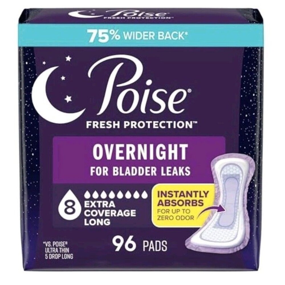Poise Overnight Incontinence Pads For Women, Overnight 8, 96 Count FREE SHIPPING